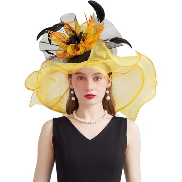 Women Organza Church Tea Party Hats Floral Yellow Black main image 4